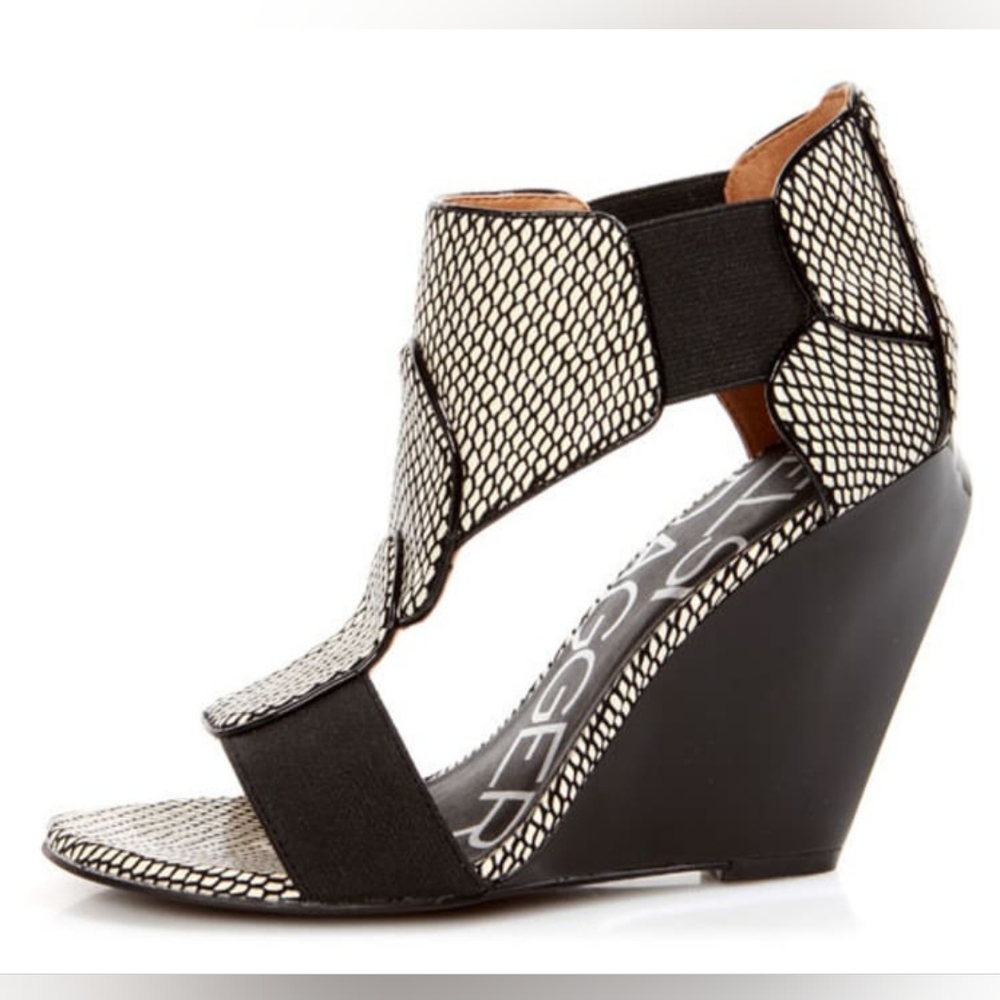 Kelsi Dagger Elin White and Black Snake Print Sculptural Wedges
